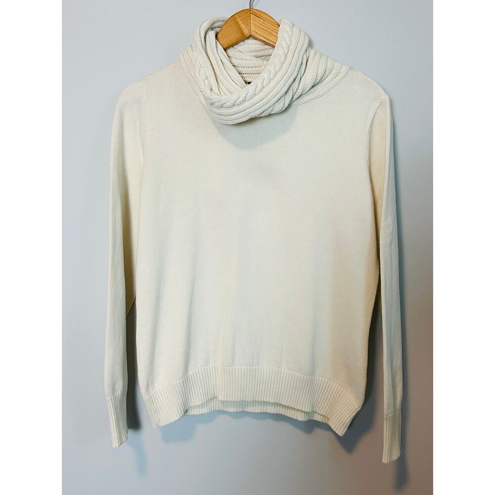 Lauren Ralph Lauren Women L Ivory Cable Knit Cowl Neck Cotton Sweater Pullover